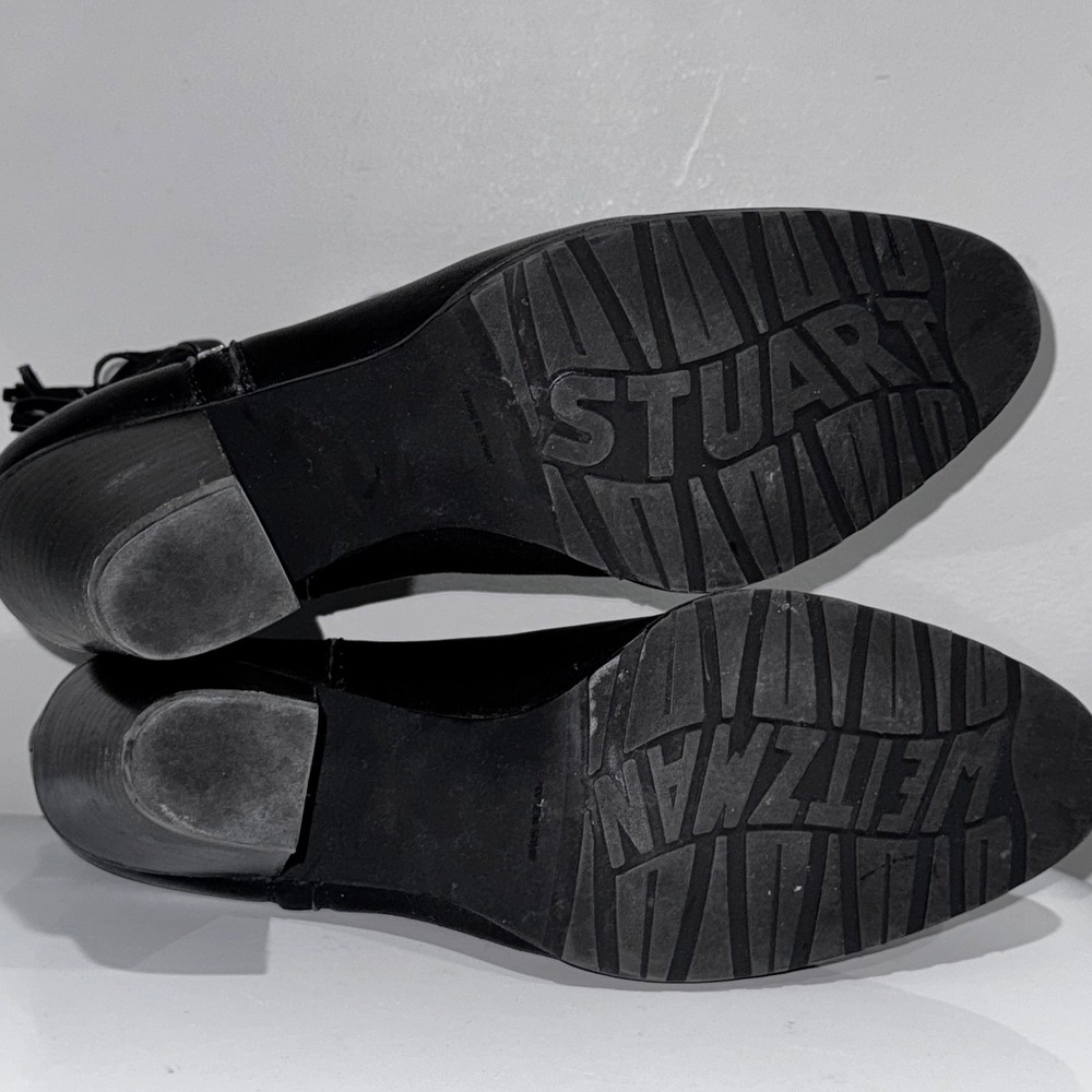 Stuart Weitzman Black Leather Tassel Side Zip Ankle Booties Block Heel Size 7 - Picture 9 of 12